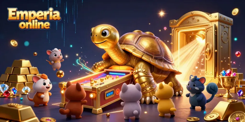 Gioca e vinci con Emperia online in un'illustrazione 3D di casinò animato ricco di elementi avvincenti.