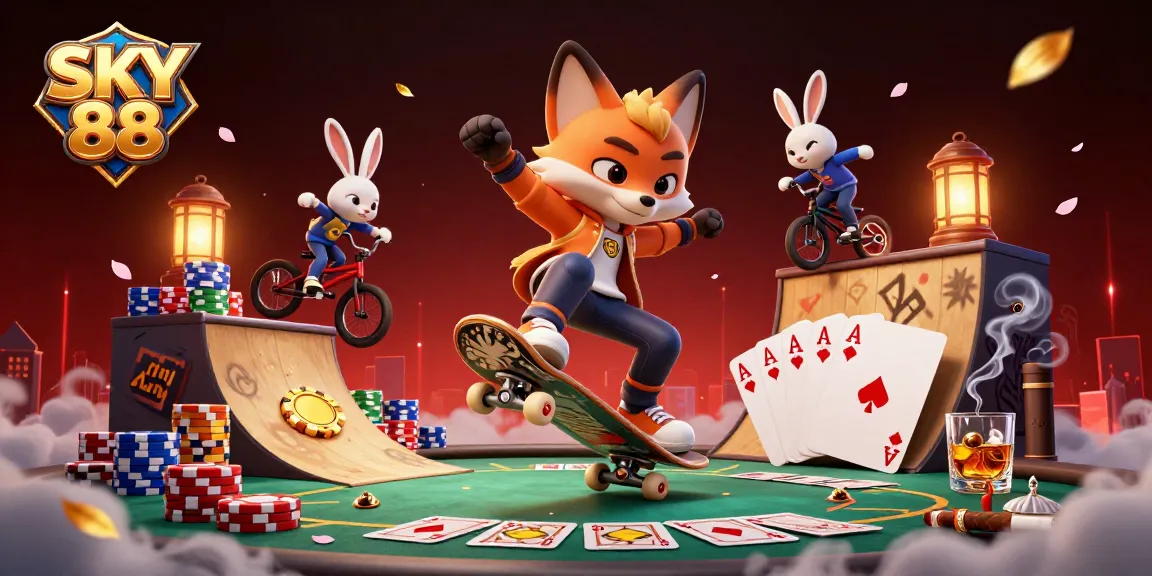 Experience the thrilling rush of SKY 88 as a fox skates over poker chips and a rabbit performs tricks.