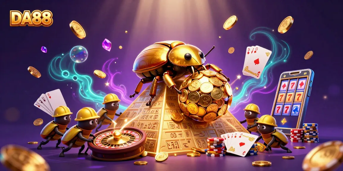 Experience DA88 with golden beetles and casino elements in a vibrant illustration.