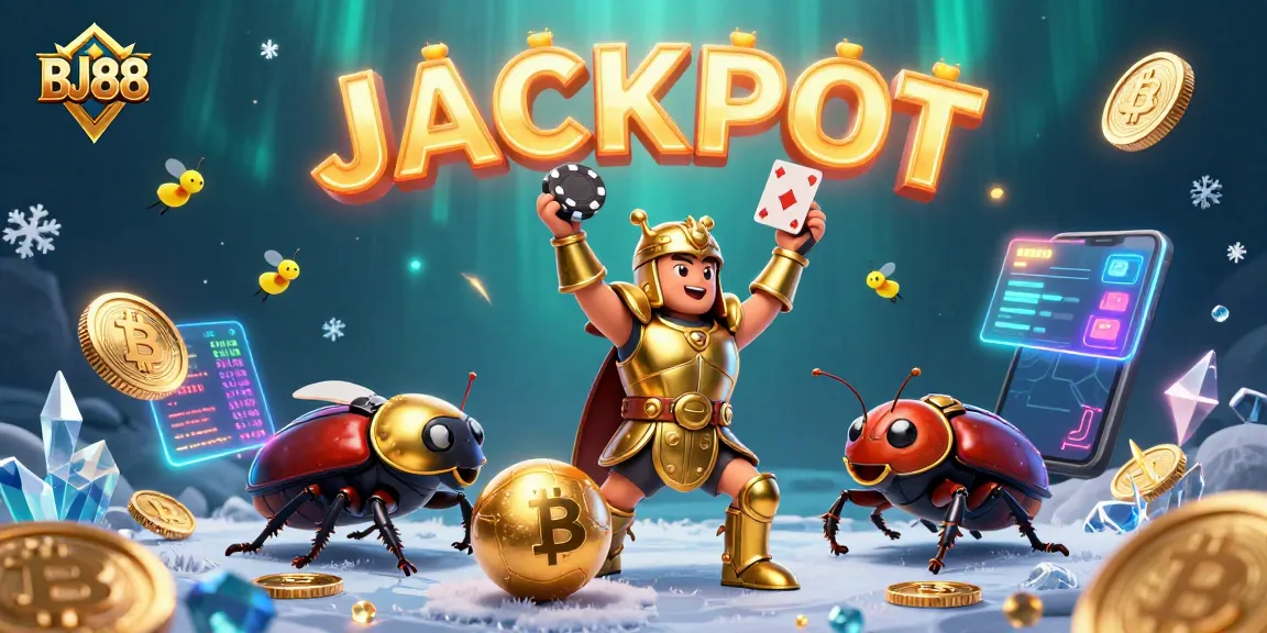 Experience the excitement of BJ88 as a cartoon hercules beetle celebrates a jackpot victory amidst dynamic casino elements.