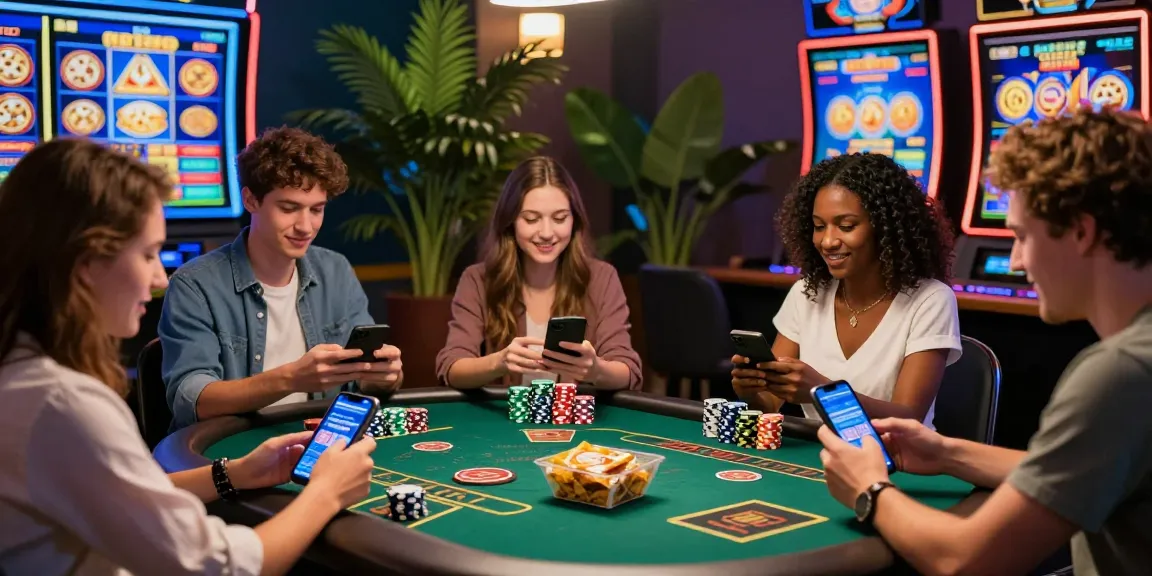 Amici che giocano in un casino non AAMS online, godendo di giochi diversi con immagini vivaci e un'atmosfera coinvolgente.