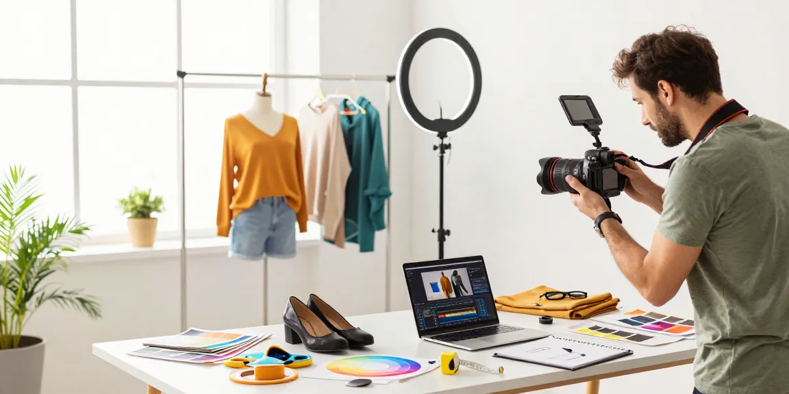 Servizi fotografici ecommerce che mostrano un'impostazione professionale del prodotto con un fotografo che cattura articoli di abbigliamento alla moda.