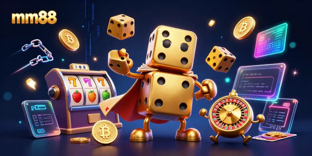 Engage with the immersive mm88 casino experience featuring golden dice and slot symbols.