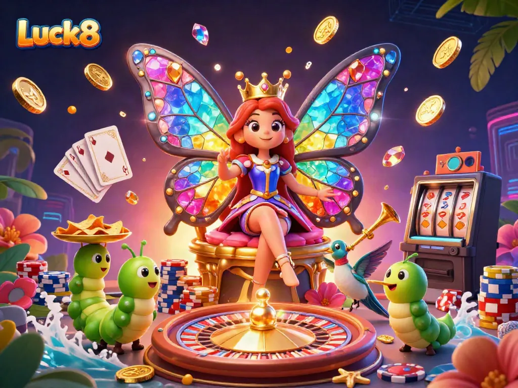 Experience the vibrant world of Luck8 with colorful casino elements and dynamic characters.