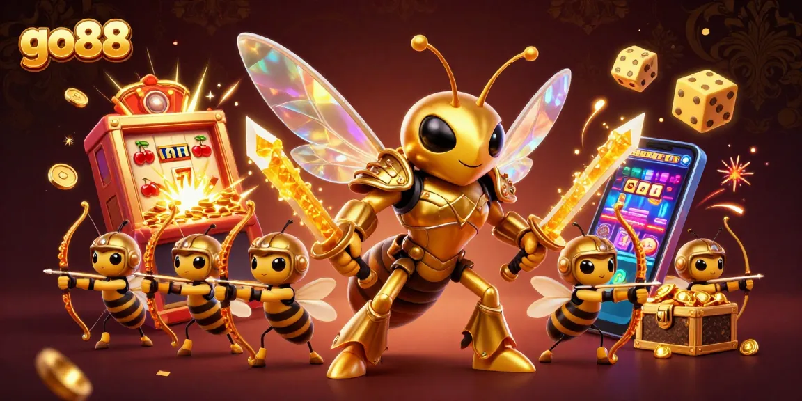 Go88 presents a vibrant scene of winning excitement with a golden hornet and casino elements.