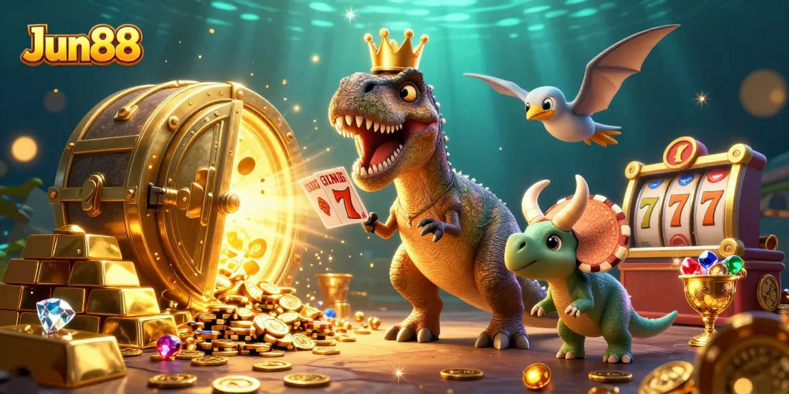 Experience thrilling gaming action at Jun88 with a friendly T-Rex dealing cards amidst gold treasures!