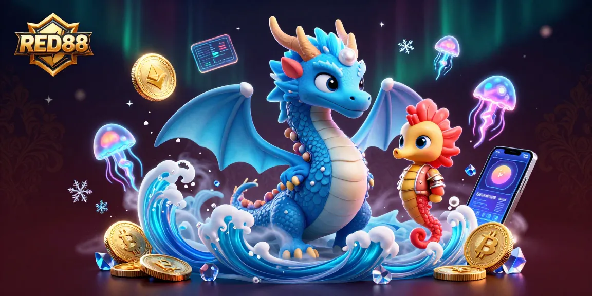 Engage with the vivid world of RED88 through a dynamic 3D dragon and crypto-themed illustration.