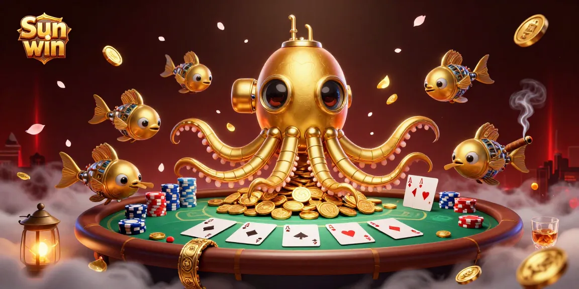 Play at Sun win in a vibrant casino scene featuring a golden kraken submarine and poker elements.