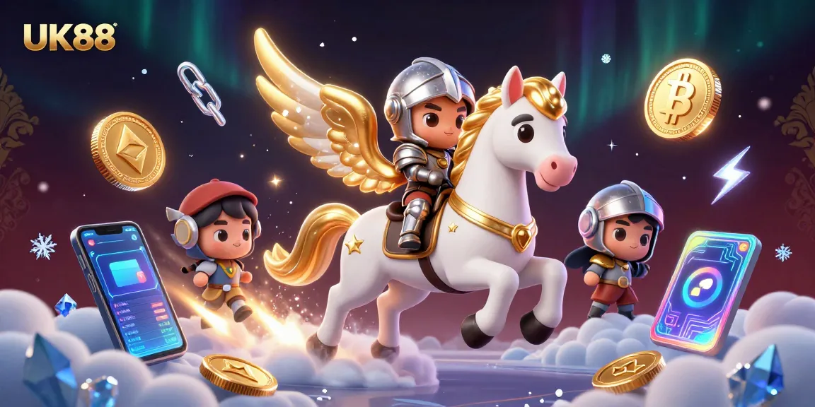 Experience UK88's thrilling adventures with a celestial knight amidst crypto elements.