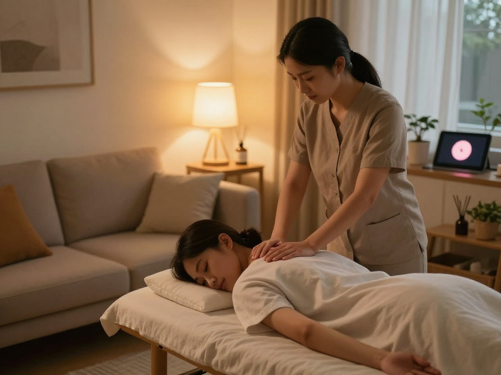 An individual enjoying 안산출장마사지 therapy in a cozy living room, promoting relaxation and wellness.
