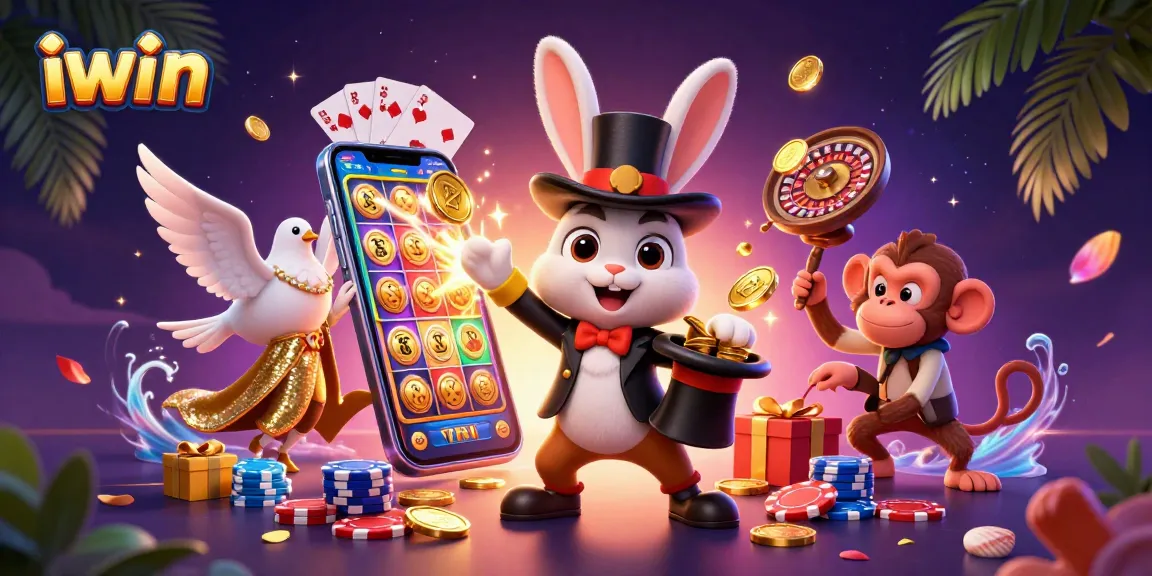 Experience the magic of iwin as a cartoon magician rabbit reveals golden coins in a vibrant casino setting.