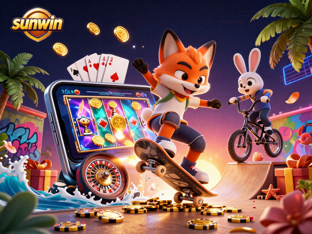 sunwin offers vibrant gaming experience with a 3D fox, rabbit, and casino elements surrounding them