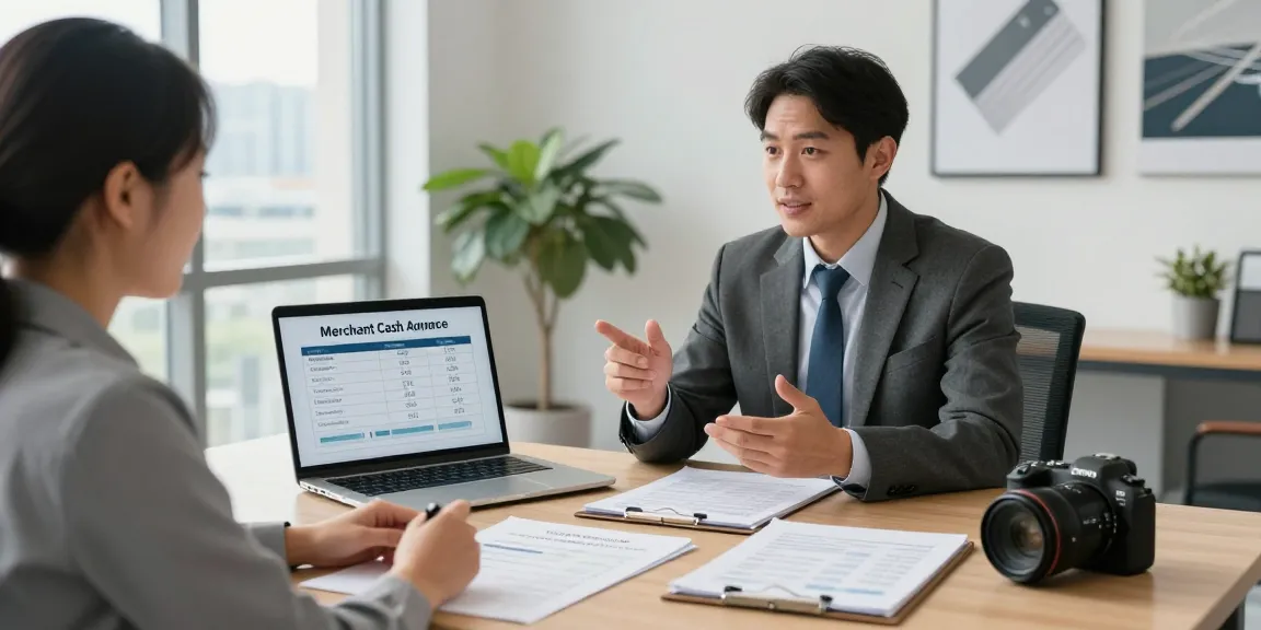Consultation on merchant cash advance rates with financial advisor at a modern office.