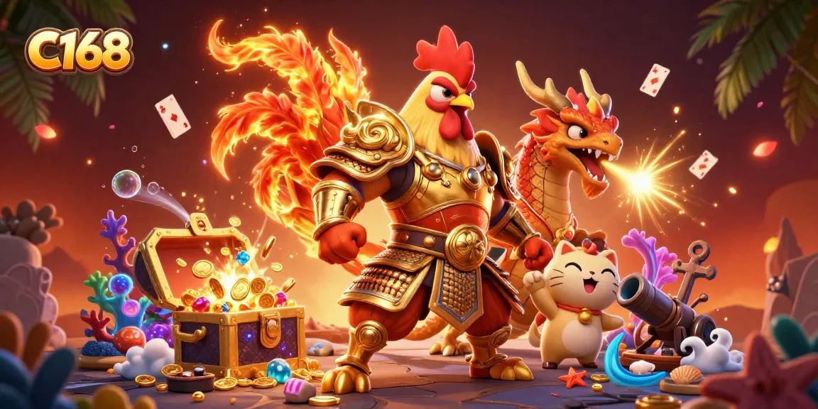 C168 warriors ignite excitement in a vibrant casino scene filled with treasure and games.