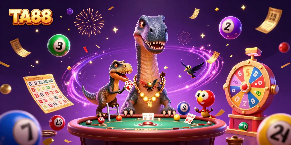 TA88 showcases a vibrant casino scene with a brontosaurus, raptor, and colorful lottery elements.