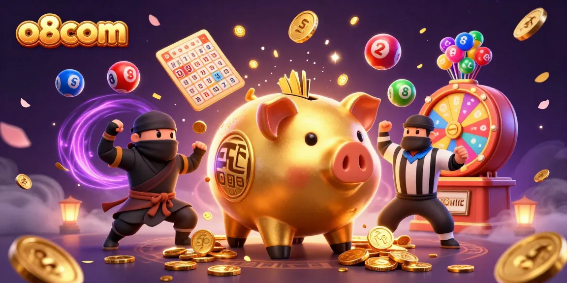 Experience thrilling gameplay at o8com with dynamic characters and vibrant lottery elements in this stunning illustration.