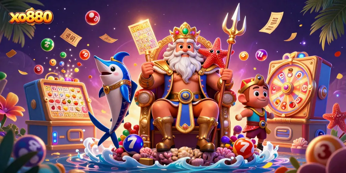 Experience excitement with xo880 as the sea king and his companions ignite a vibrant lottery scene.