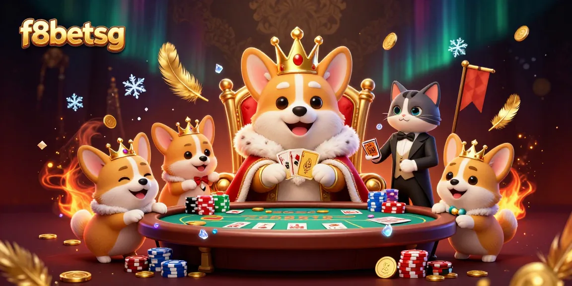 Win big at f8betsg with a lavish 3D casino scene featuring royal corgis and vibrant gambling elements.