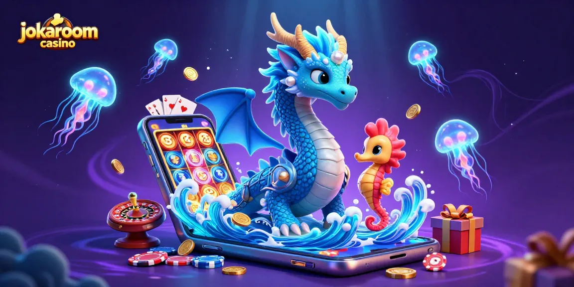 Engaging 3D scene of jokaroom casino with a water dragon, seahorse knight, and vibrant casino elements.