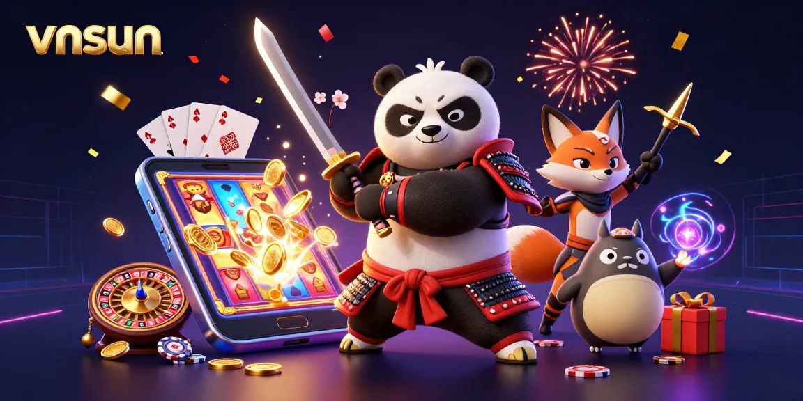 Experience thrilling gameplay with vnsun as a samurai panda battles amid neon colors and dynamic casino elements.