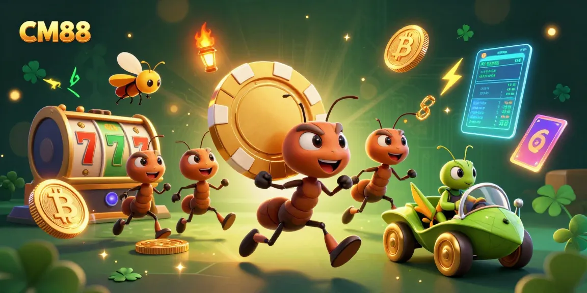 Experience exciting gaming action at CM88 with vibrant 3D cartoon ants carrying a giant poker chip.
