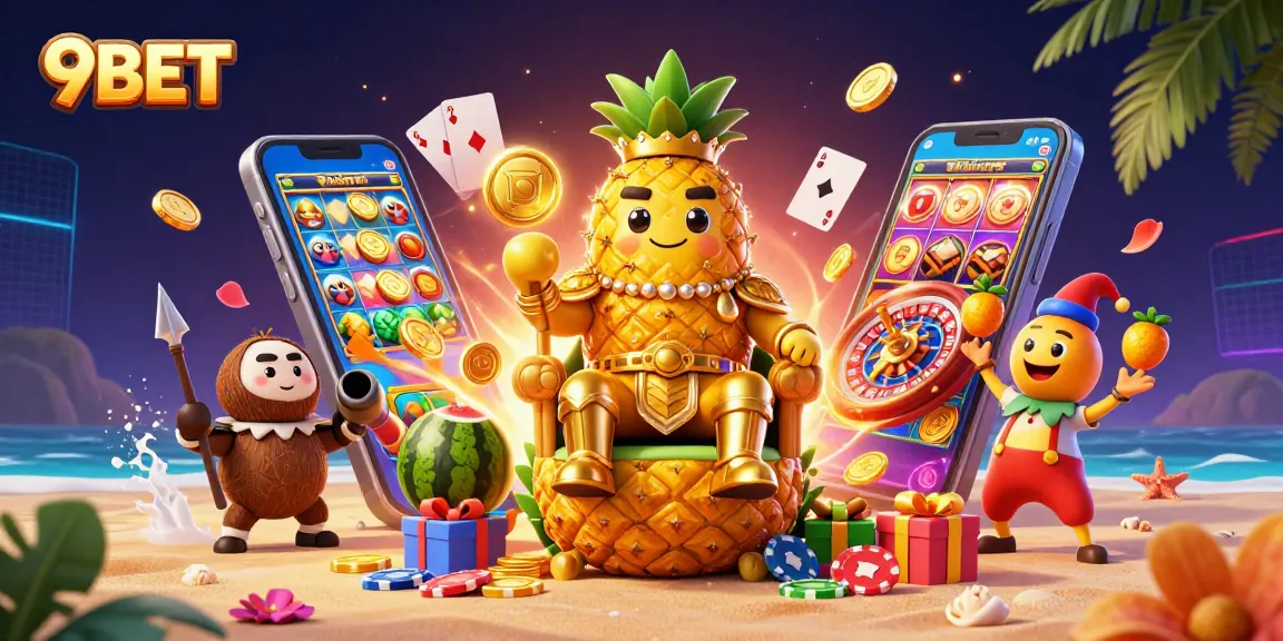 Experience the thrill of 9BET casino with vibrant characters and dynamic games in a lively scene.
