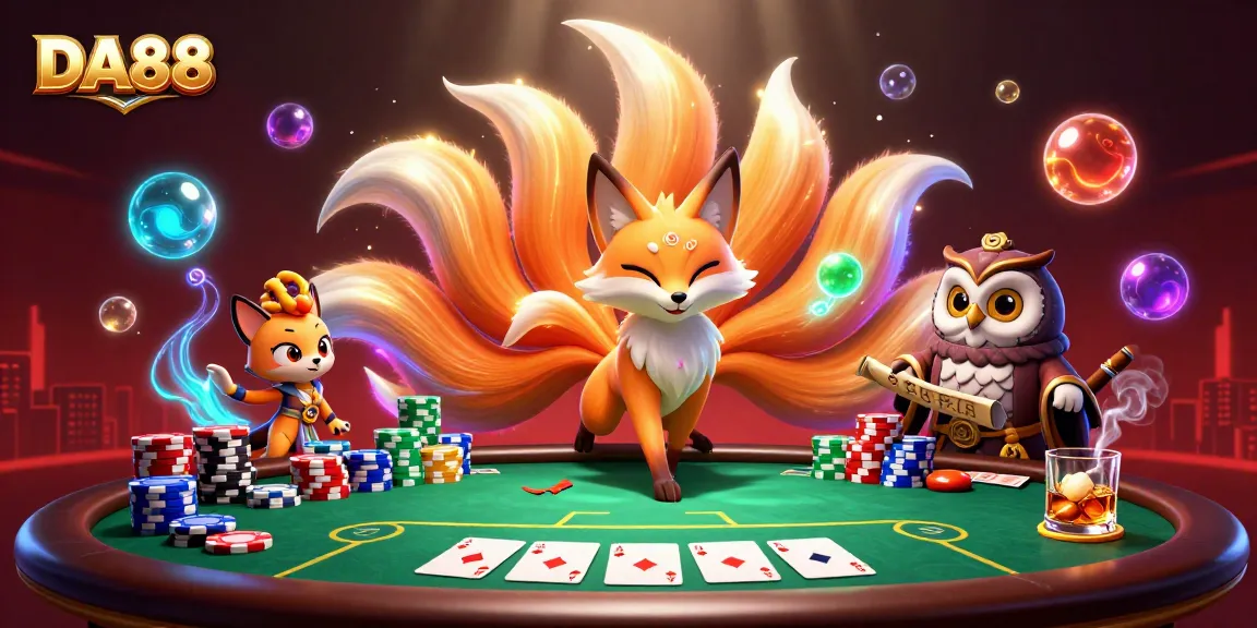 Engage with DA88’s vibrant casino scene featuring a colorful nine-tailed fox spirit and poker elements.