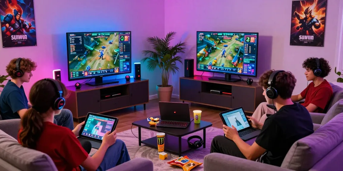 Exciting scene of gamers engaging with Sunwin platform, showcasing vibrant atmosphere with devices and gaming accessories, ideal for giftsforgirls.in.net audience.