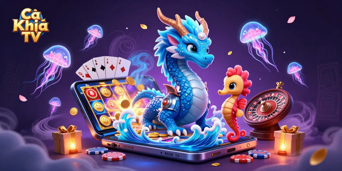 Cà Khịa TV showcases a vibrant 3D scene of a dragon, seahorse knight, and jellyfish in a gambling-themed adventure.