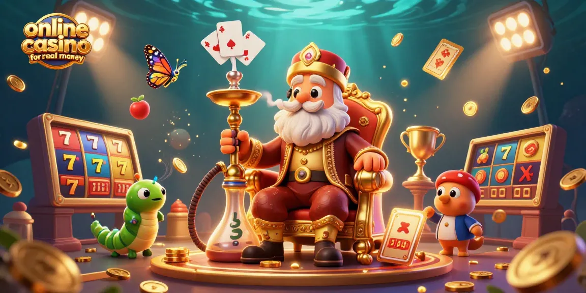 Experience the excitement of an online casino for real money with a whimsical 3D illustration featuring a sultan caterpillar amidst slot reels and golden coins.